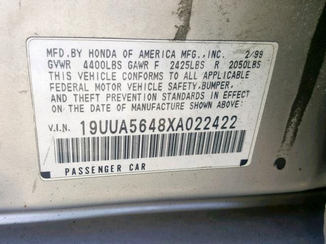 19UUA5648XA022422 - 1999 ACURA 3.2TL BEIGE photo 10