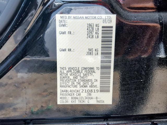 1N4BL4EV1KC210819 - 2019 NISSAN ALTIMA SL BLACK photo 10