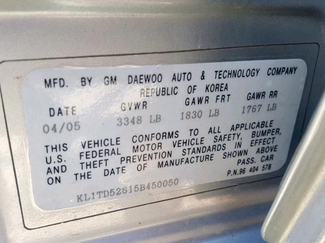 KL1TD52615B450050 - 2005 CHEVROLET AVEO BASE ვერცხლისფერი ფოტო 10