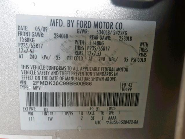 2FMDK36C99BB00586 - 2009 FORD EDGE SE SILVER photo 10