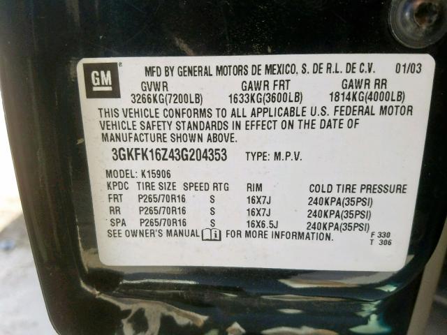 3GKFK16Z43G204353 - 2003 GMC YUKON XL K BLACK photo 10