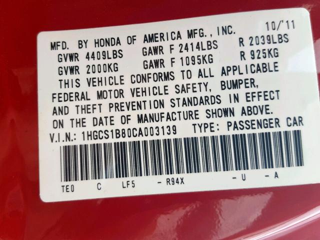 1HGCS1B80CA003139 - 2012 HONDA ACCORD EXL RED photo 10