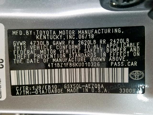 4T1BZ1FB6KU010326 - 2019 TOYOTA AVALON XLE SILVER photo 10