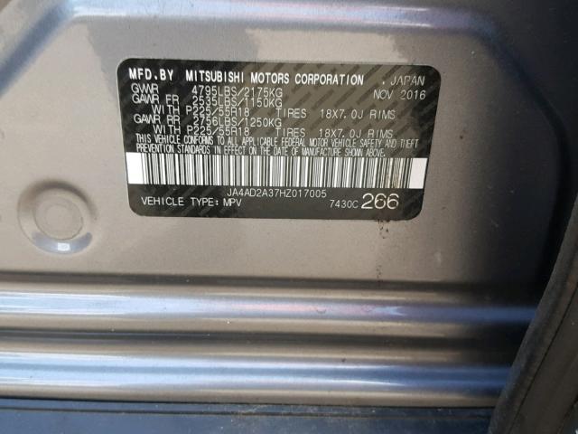 JA4AD2A37HZ017005 - 2017 MITSUBISHI OUTLANDER GRAY photo 10