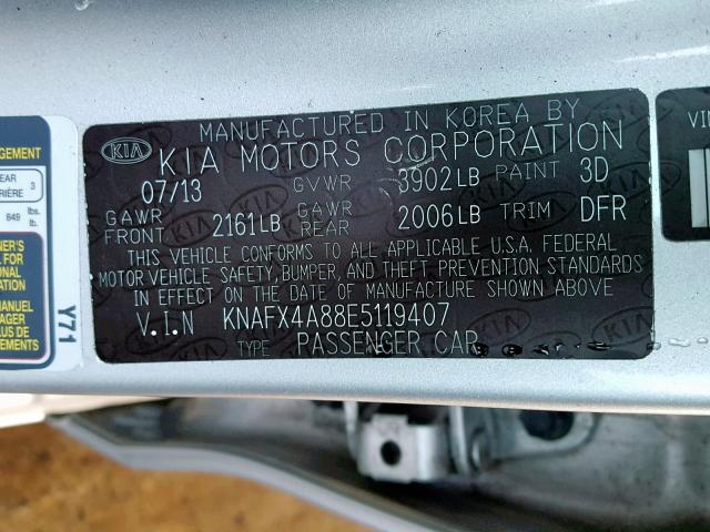 KNAFX4A88E5119407 - 2014 KIA FORTE EX SILVER photo 10