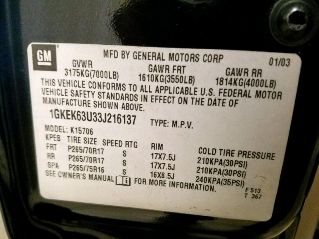 1GKEK63U33J216137 - 2003 GMC YUKON DENA BLACK photo 10