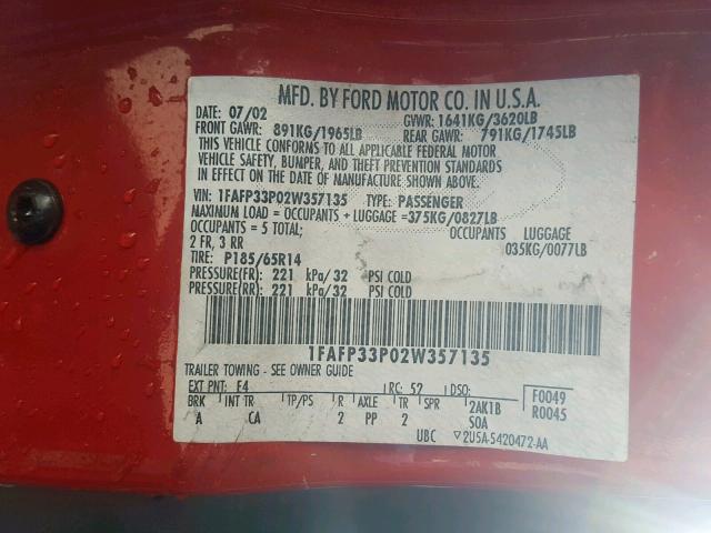 1FAFP33P02W357135 - 2002 FORD FOCUS LX RED photo 10
