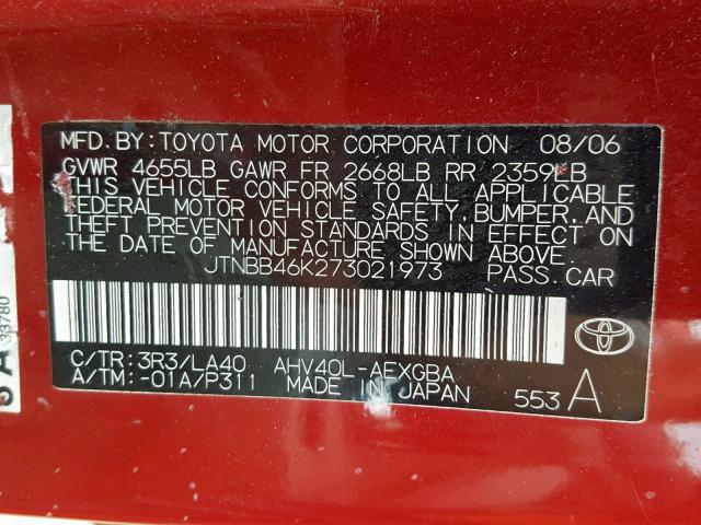 JTNBB46K273021973 - 2007 TOYOTA CAMRY NEW RED photo 10