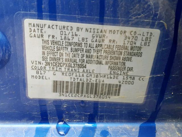 3N1CE2CPXGL378054 - 2016 NISSAN VERSA NOTE BLUE photo 10