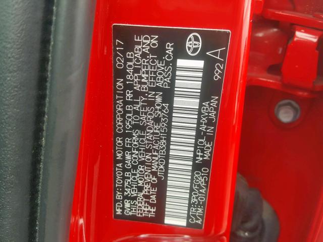 JTDKDTB38H1593764 - 2017 TOYOTA PRIUS C RED photo 10