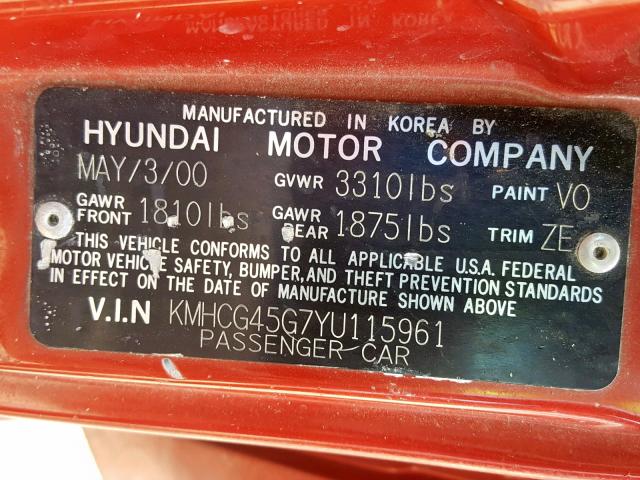 KMHCG45G7YU115961 - 2000 HYUNDAI ACCENT GL RED photo 10