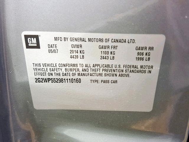 2G2WP552981110160 - 2008 PONTIAC GRAND PRIX SILVER photo 10