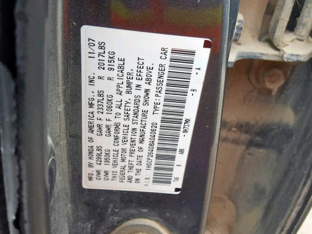 1HGCP26408A040620 - 2008 HONDA ACCORD LXP GRAY photo 10