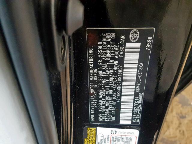 4T1BK46K67U518857 - 2007 TOYOTA CAMRY NEW BLACK photo 10