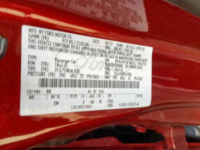 1FADP3F22DL156378 - 2013 FORD FOCUS SE RED photo 10