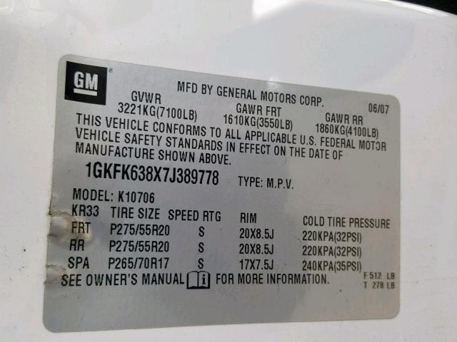 1GKFK638X7J389778 - 2007 GMC YUKON DENA WHITE photo 10