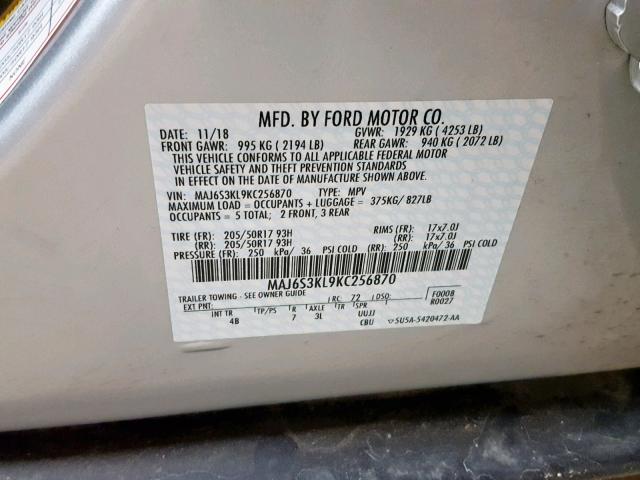 MAJ6S3KL9KC256870 - 2019 FORD ECOSPORT T SILVER photo 10