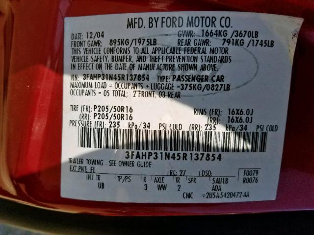 3FAHP31N45R137854 - 2005 FORD FOCUS ZX3 RED photo 10