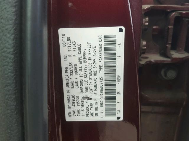 1HGCP2F47BA007735 - 2011 HONDA ACCORD LXP BURGUNDY photo 10