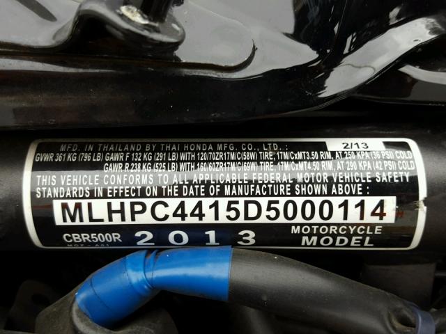 MLHPC4415D5000114 - 2013 HONDA CBR500 R BLACK photo 10