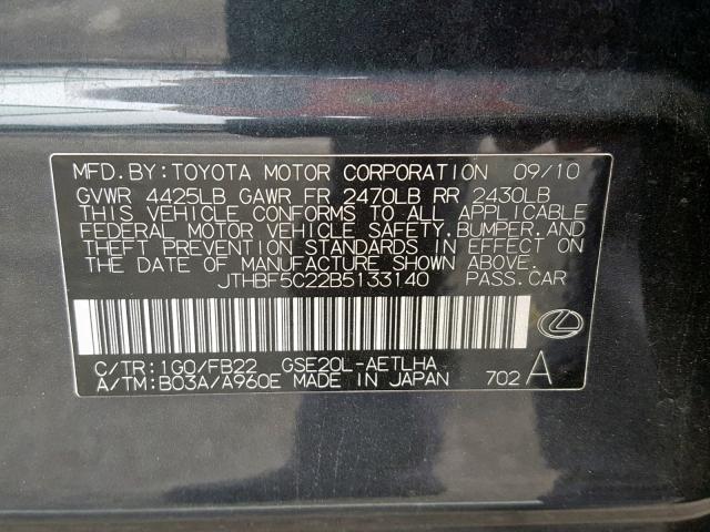 JTHBF5C22B5133140 - 2011 LEXUS IS 250 GRAY photo 10