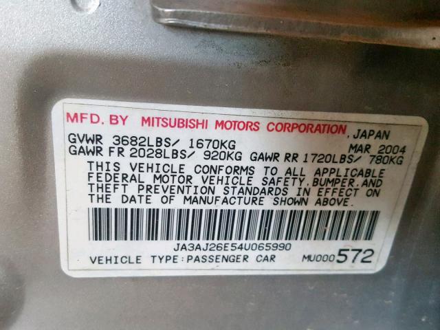 JA3AJ26E54U065990 - 2004 MITSUBISHI LANCER ES GOLD photo 10