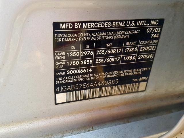 4JGAB57E64A460885 - 2004 MERCEDES-BENZ ML 350 SILVER photo 10