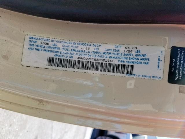 3VWDD21Y53M321441 - 2003 VOLKSWAGEN NEW BEETLE ბეჟი ფოტო 10