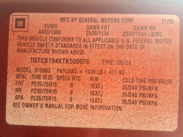 1GTCS194XTK509976 - 1996 GMC SONOMA RED photo 10