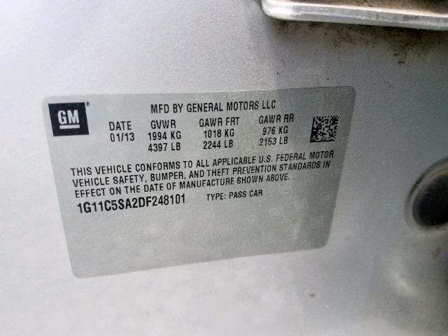 1G11C5SA2DF248101 - 2013 CHEVROLET MALIBU 1LT 银色 照片 10