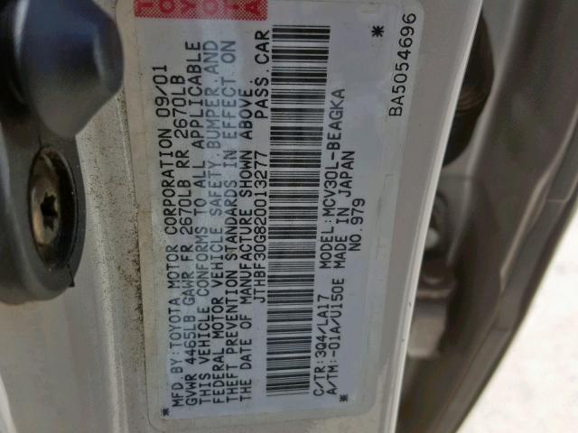 JTHBF30G820013277 - 2002 LEXUS ES 300 GRAY photo 10