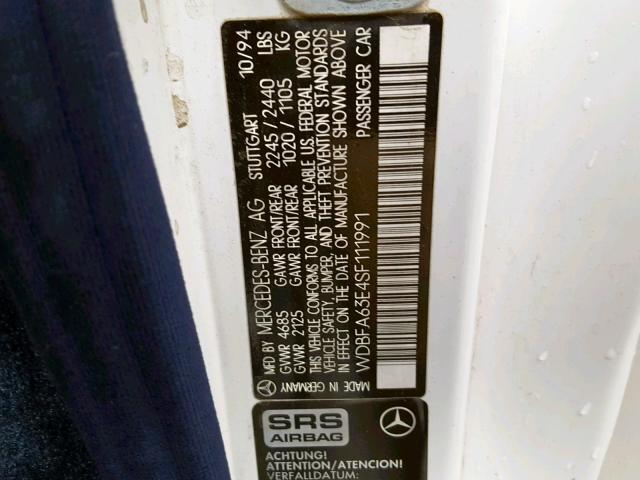 WDBFA63E4SF111991 - 1995 MERCEDES-BENZ SL 320 WHITE photo 10