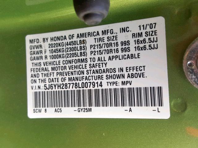 5J6YH28778L007914 - 2008 HONDA ELEMENT EX GREEN photo 10