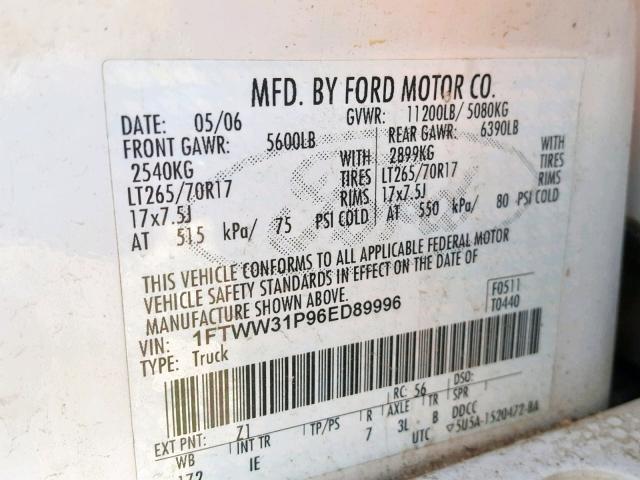 1FTWW31P96ED89996 - 2006 FORD F350 SRW S WHITE photo 10