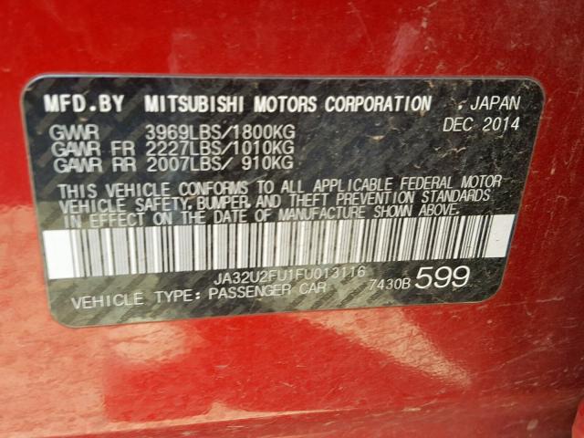 JA32U2FU1FU013116 - 2015 MITSUBISHI LANCER ES BURGUNDY photo 10