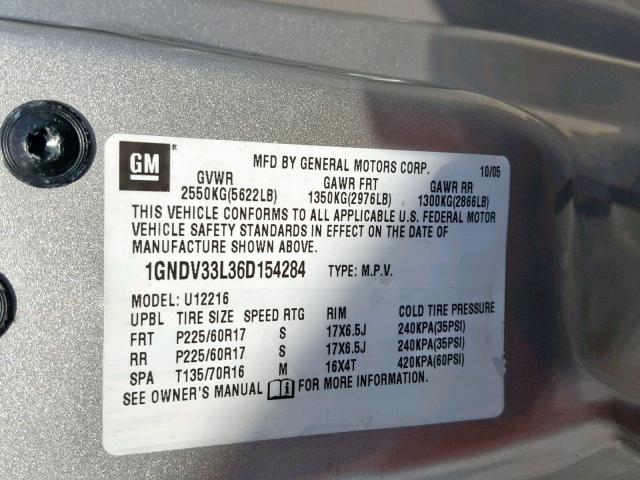 1GNDV33L36D154284 - 2006 CHEVROLET UPLANDER L 银色 照片 10