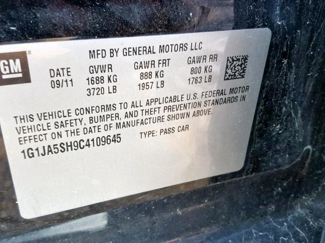 1G1JA5SH9C4109645 - 2012 CHEVROLET SONIC LS 黑色 照片 10