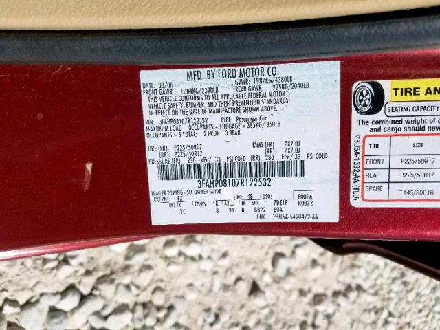 3FAHP08107R122532 - 2007 FORD FUSION SEL RED photo 10