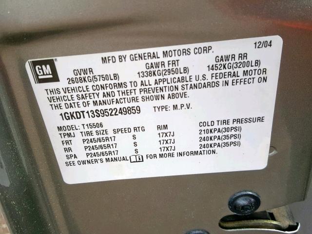 1GKDT13S952249859 - 2005 GMC ENVOY GRAY photo 10