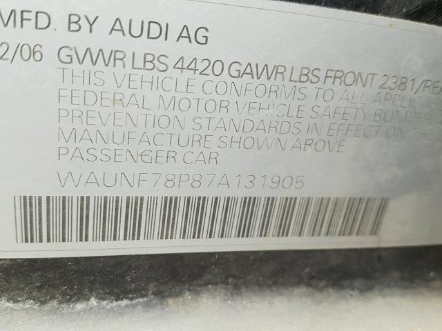 WAUNF78P87A131905 - 2007 AUDI A3 2.0 PRE BLACK photo 10