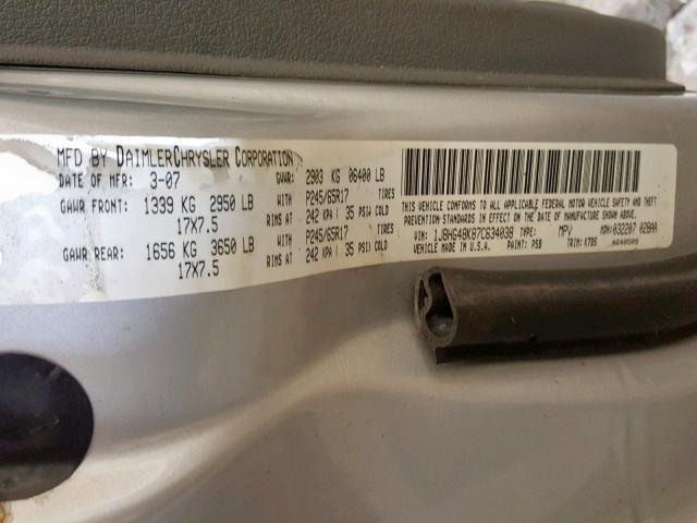 1J8HG48K87C634038 - 2007 JEEP COMMANDER 银色 照片 10