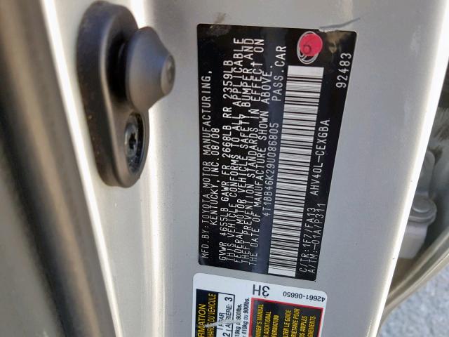 4T1BB46K29U086805 - 2009 TOYOTA CAMRY HYBR GRAY photo 10