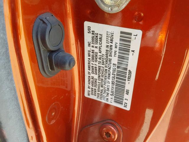 5J6YH18513L010518 - 2003 HONDA ELEMENT EX ORANGE photo 10