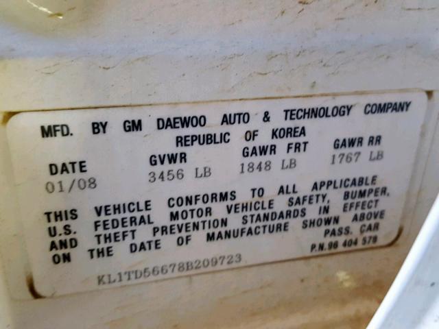 KL1TD56678B209723 - 2008 CHEVROLET AVEO BASE Ақ фото 10