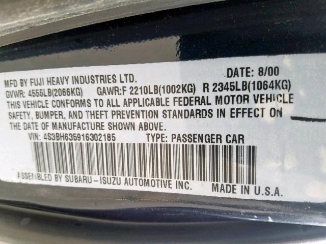 4S3BH635916302185 - 2001 SUBARU LEGACY L BLUE photo 10