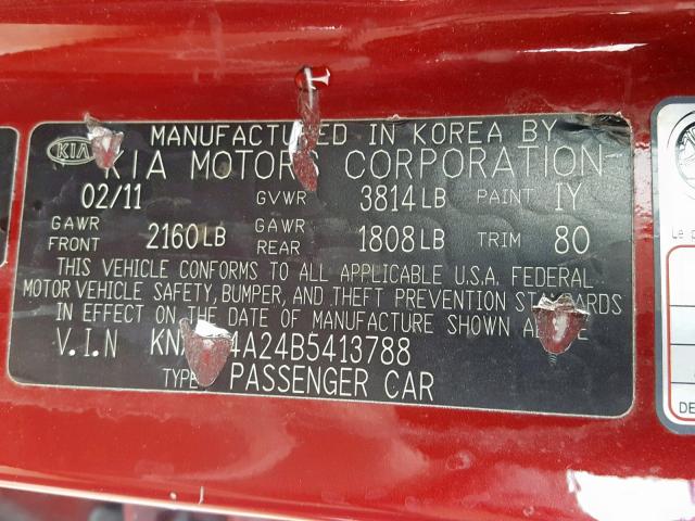 KNAFU4A24B5413788 - 2011 KIA FORTE EX RED photo 10