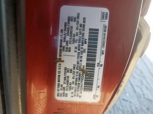 4N2ZN17TX2D809464 - 2002 NISSAN QUEST GLE RED photo 10