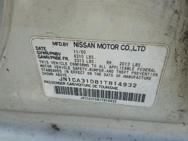 JN1CA31D81T814932 - 2001 NISSAN MAXIMA GXE WHITE photo 10