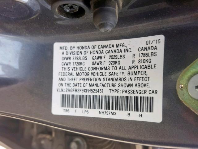 2HGFB2F9XFH525451 - 2015 HONDA CIVIC EXL 黑色 照片 10