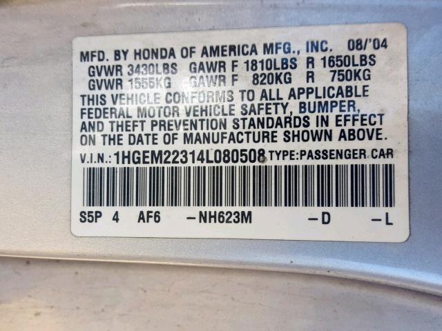 1HGEM22314L080508 - 2004 HONDA CIVIC DX V SILVER photo 10